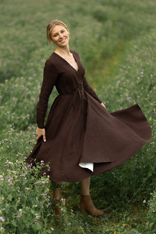 Wrap Dress, Long Sleeve, Twill Linen, Espresso Brown