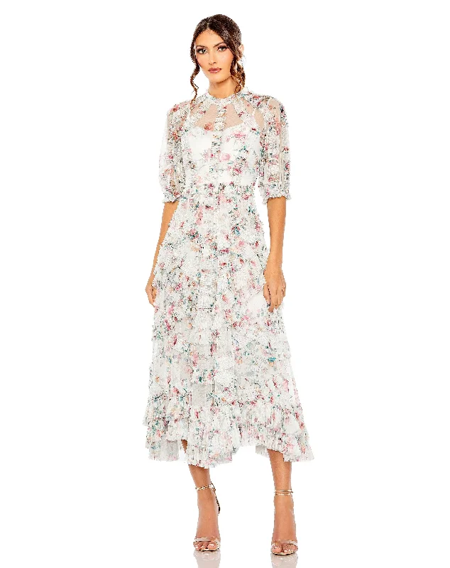 Mac Duggal 80111 Floral Print Cocktail Midi Dress