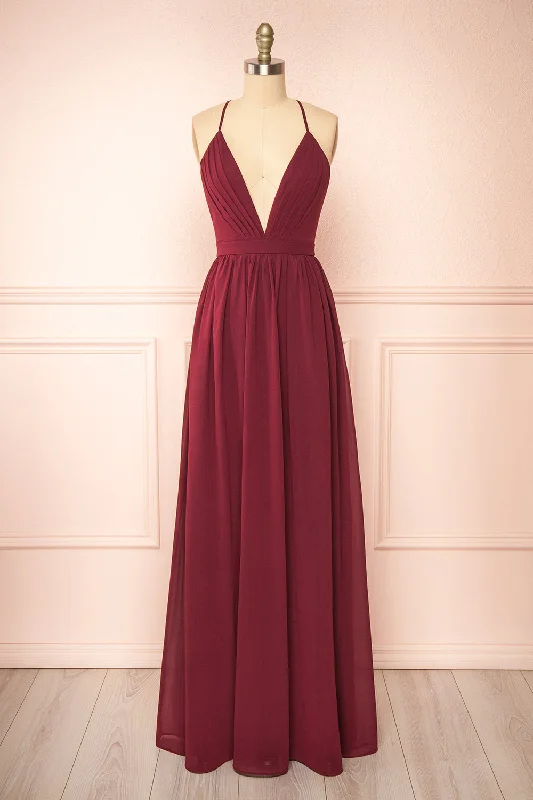 Haley Burgundy | Deep V-Neck Chiffon Maxi Dress