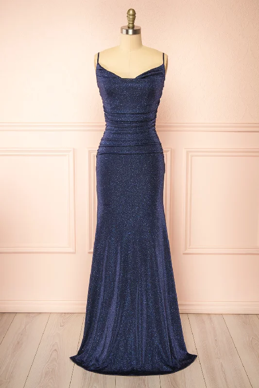 Jayna Navy | Ruched Sparkling Mermaid Maxi Dress