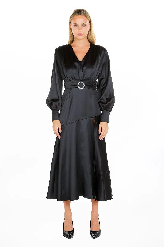 Long Sleeve Satin V Neck Maxi Dress