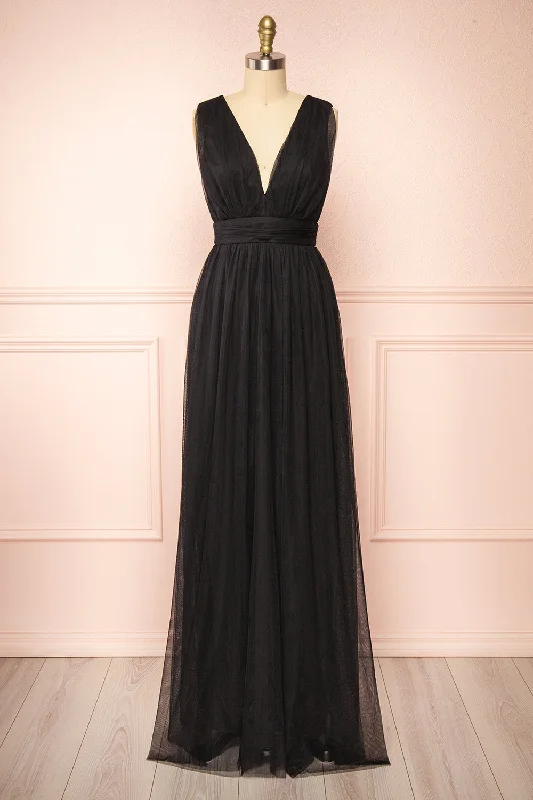 Samina Black | Tulle Maxi Dress w/ Plunging Neckline