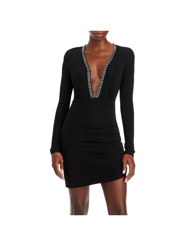 Alexi Womens Deep V-Neck Embellished Cocktail and Party Dress