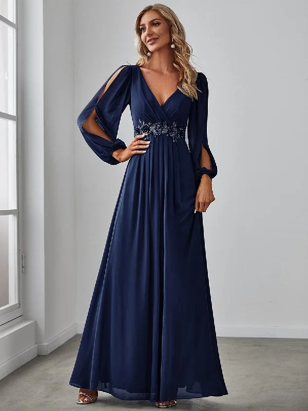 Iris | Elegant Chiffon V-Neckline Long Sleeve Formal Evening Dress