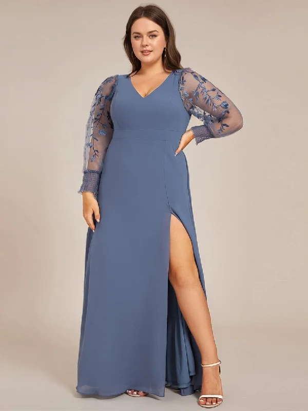 Diane | Plus Size High Slit Embroidered Long Sleeve Chiffon Formal Evening Dress