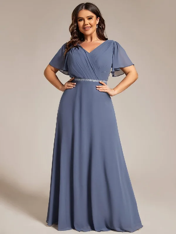 Gentle Clara | Plus Size Pleated A-Line Shiny Belt Chiffon Formal Evening Dress