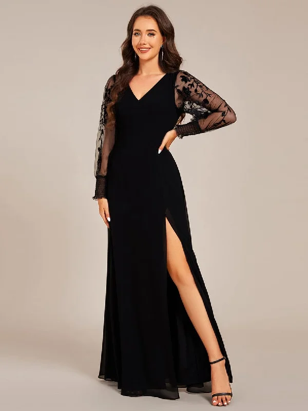 Diane | See-Through Long Sleeve V-Neck High Slit Chiffon Formal Evening Dress