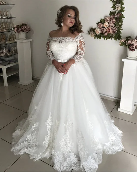 A line Lace Long Sleeves Plus Size Wedding Dresses Illusion Tulle Bridal Gown