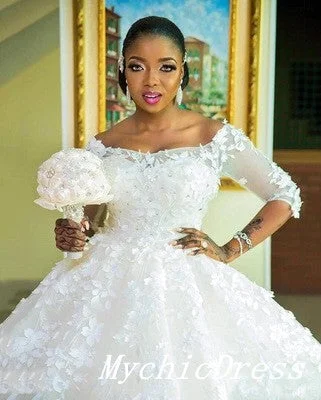 African Wedding Dresses Lace Half Sleeves Applique Ball Gown Bridal Gowns