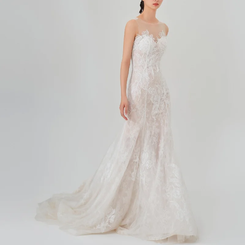 All-Over Lace Fit-and-Flare Wedding Dress with Sheer Neck and Back