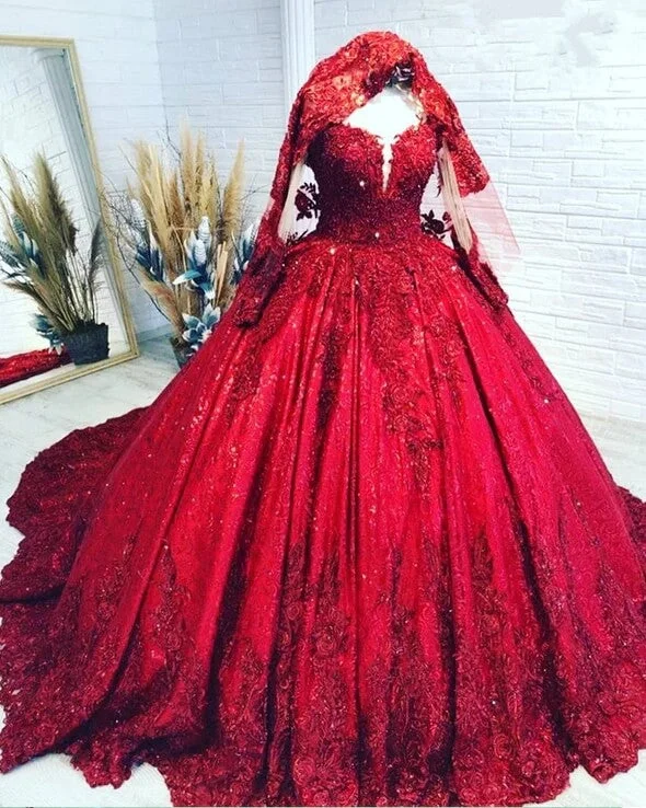 Ball Gown Long Sleeves Sequins Lace Red Wedding Dress Gliter Quinceanera Dress