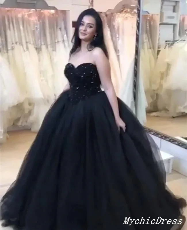 Black Ball Gown Wedding Dresses Sequin Tulle Sweetheart Bridal Gown