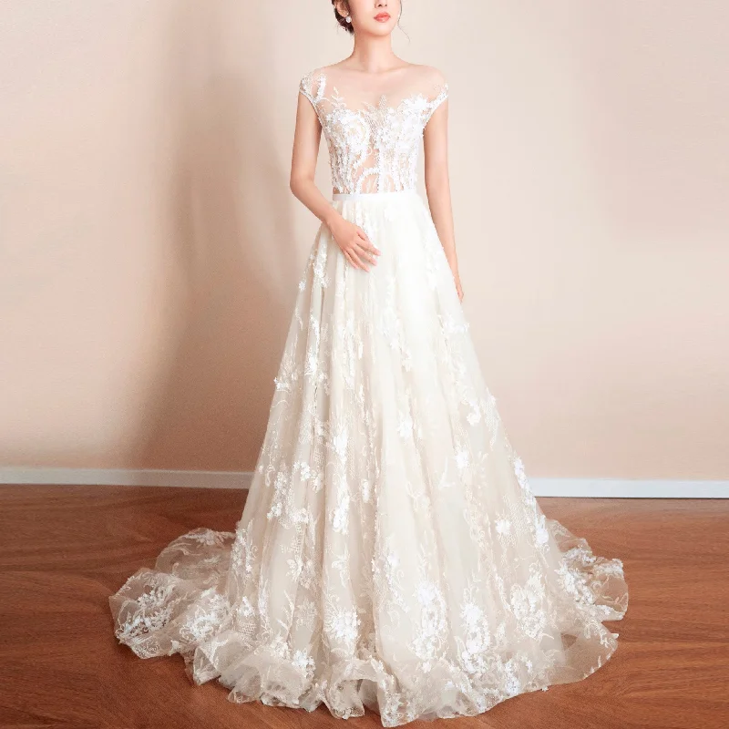 Cap Sleeve Long A-Line Wedding Dress Applique Elegant Tulle Bridal Gown