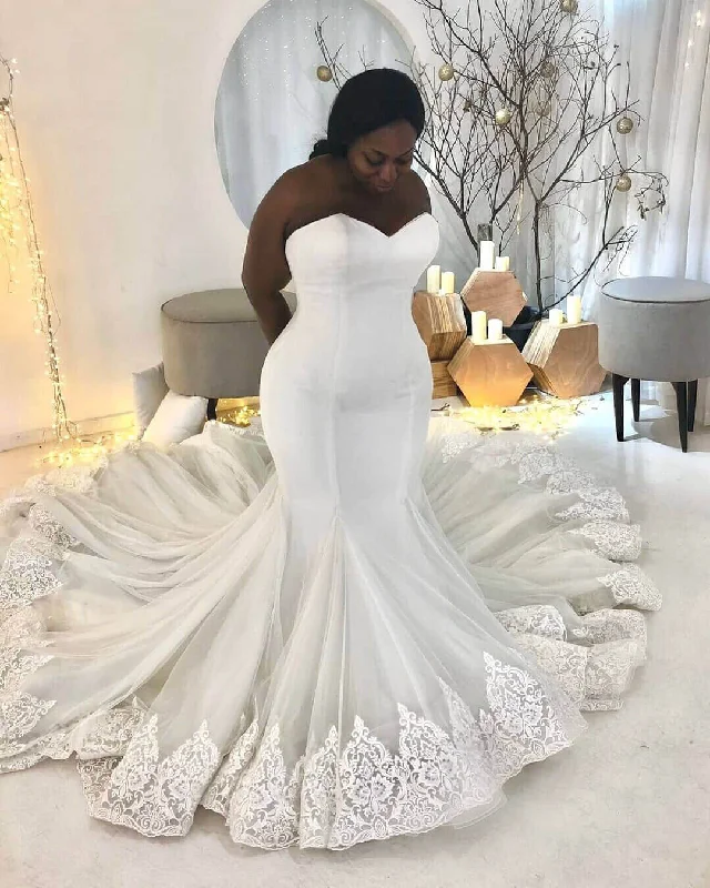 Cheap Plus Size Wedding Dresses Satin Mermaid Lace Appliques Bridal Dress