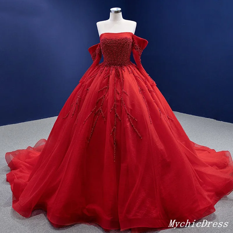 Crystal Long Sleeve Red Quince Dresses Off Shoulder Pearls Wedding Dress