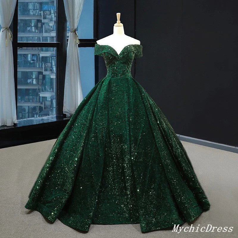 Emerald Green Quinceanera Dresses Sequin Ball Gown Off the Shoulder Wedding Dress