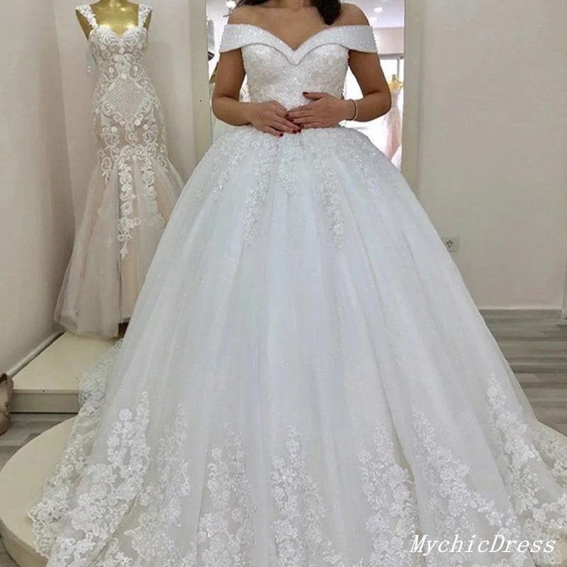 Gorgeous Off the Shoulder Lace Sequin Vintage Wedding Dresses