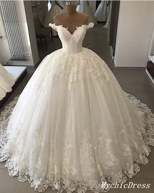 Ivory Tulle Lace Ball Gown Wedding Dresses Appliques Off the Shoulder