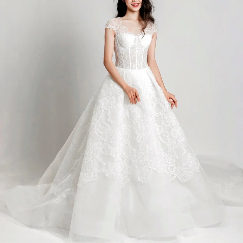 Lace Vintage Cap Sleeve Wedding Dress with Sheer Bodice