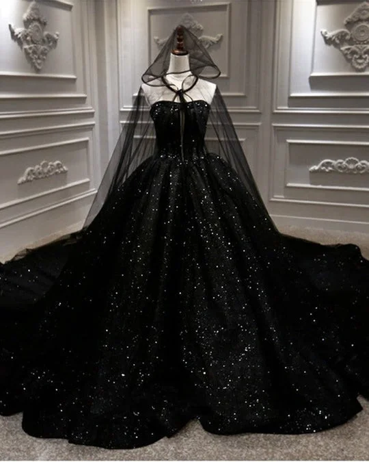 Luxury Ball Gown Sequin Black Wedding Dresses Gothic With Cape Veil