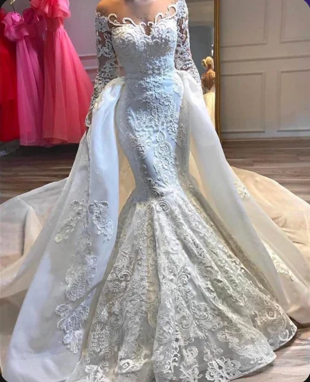 Luxury Princess Long Sleeves Lace Mermaid Wedding Dresses Detachable Train