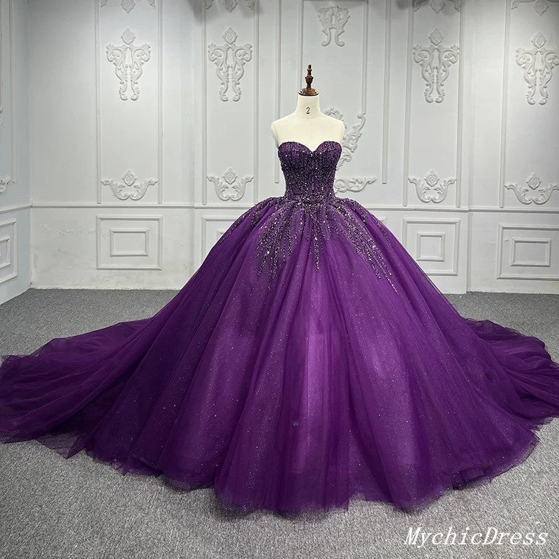 Purple Ball Gown Quince Dresses Tulle Sweetheart Sequin Wedding Dresses For Women