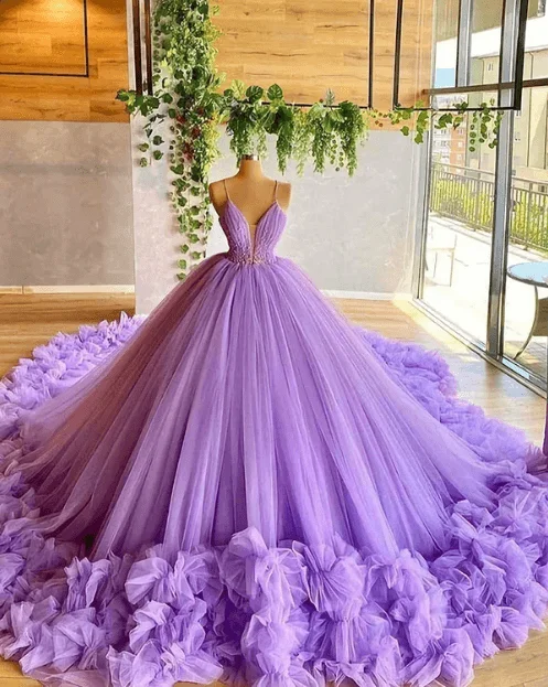 Sexy Spaghetti Straps Lavender Tulle Wedding Dresses Beading Bodice