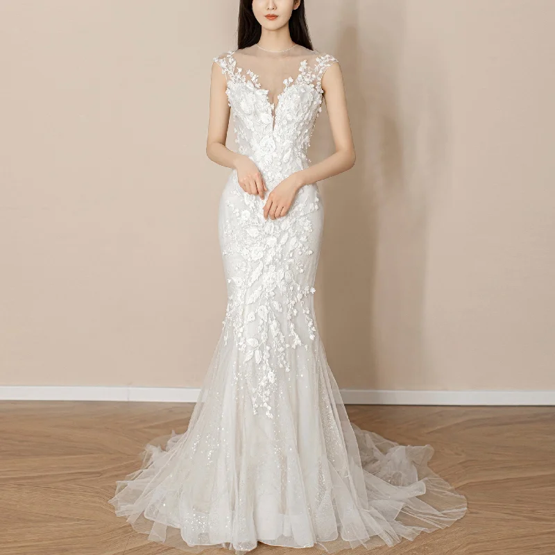 Trumpet-Mermaid Court Train Lace Tulle Wedding Dress