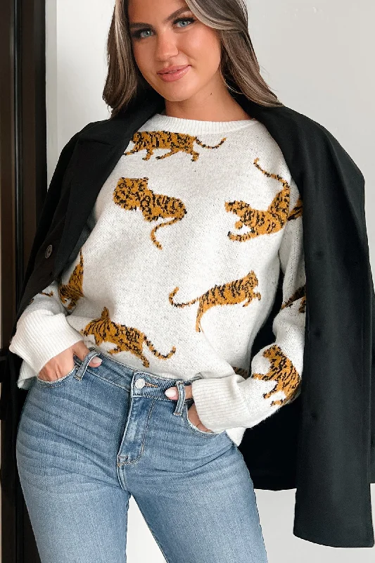 Bad Cattitude Tiger Print Sweater (Ivory)