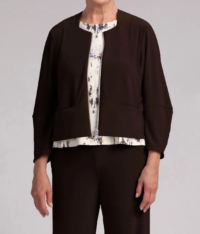 Cropped Lantern Jacket W/ Zip Front In Chocolate