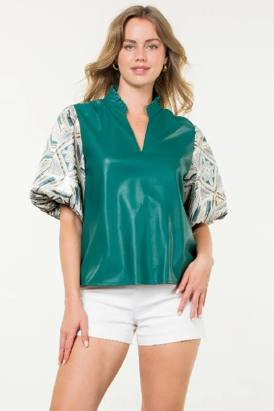 Leather Detail Puff Sleeve Top